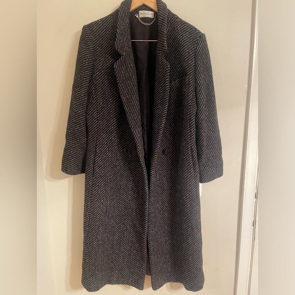 Vtg Elegant Ashley Scott Multi Color Tweed 100% Wool Academia Long Coat Sz M